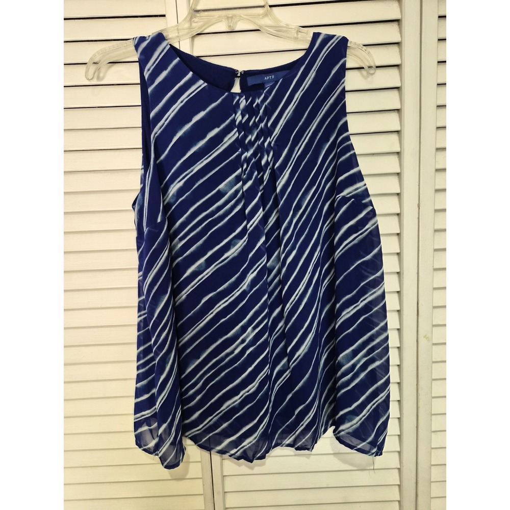 Apt. 9 Womens Navy Blue White Diagonal Stripe Sleeveless Pleated Blouse Size M